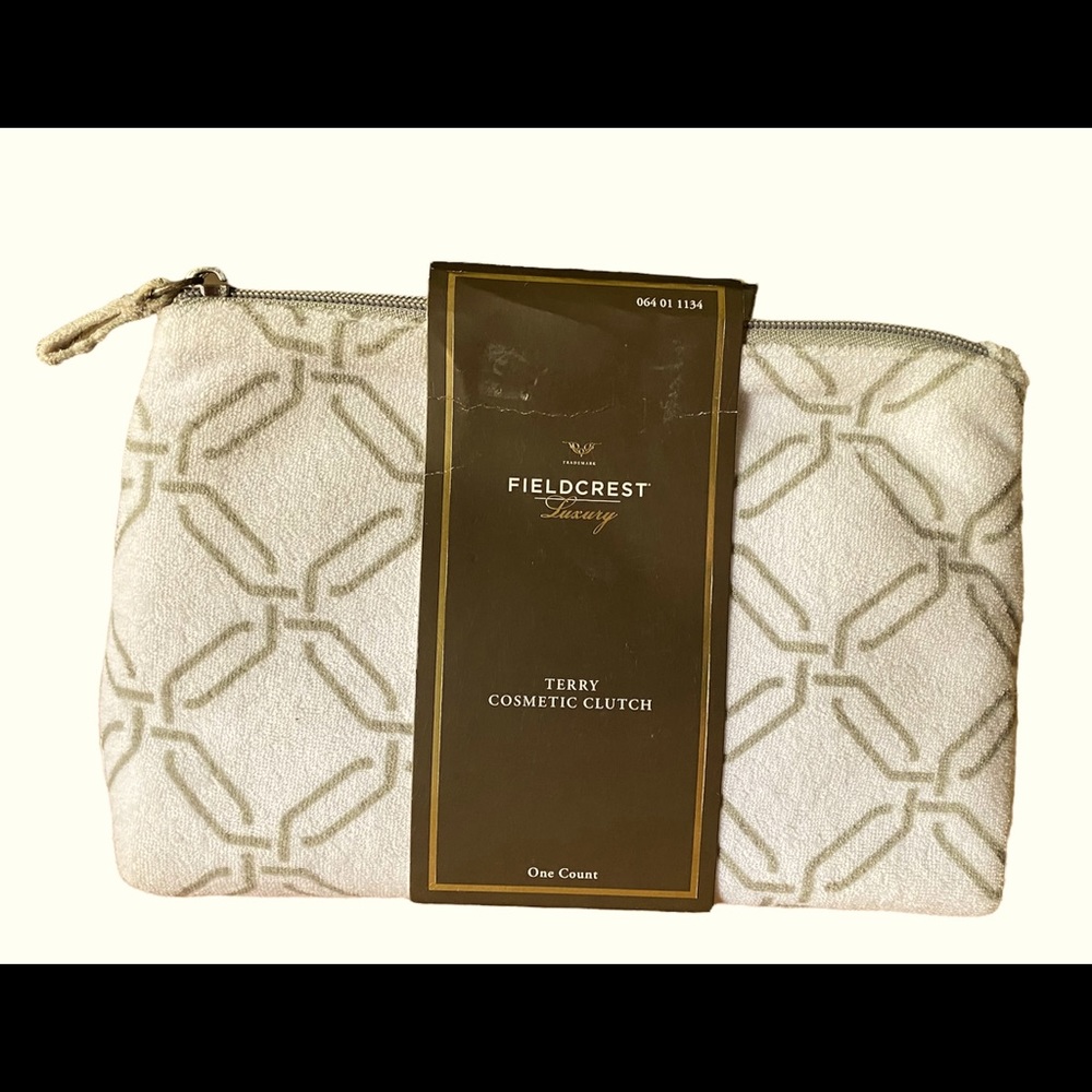 Fieldcrest luxury terry cosmetic clutch in white & gray. NWT